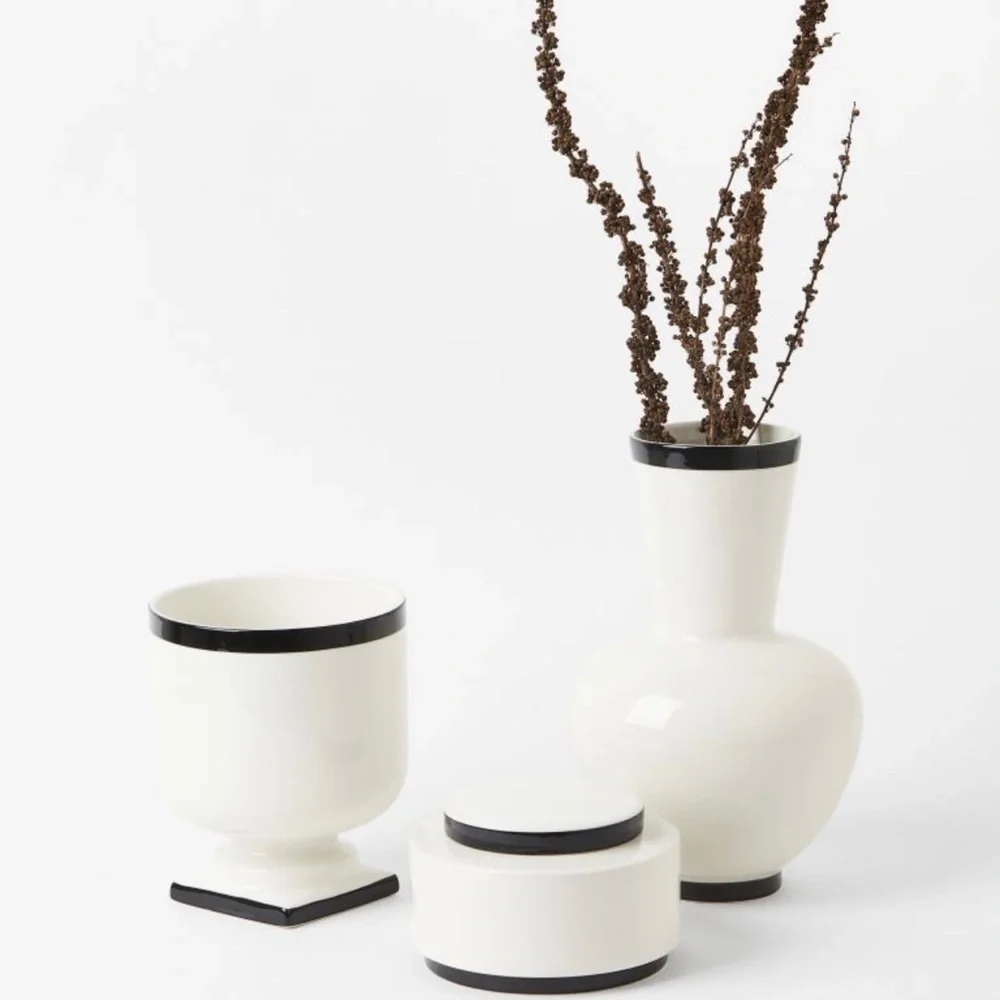 New West Elm Large Black & White Porcelain Ceramic Planter Flower Vase Decor 12